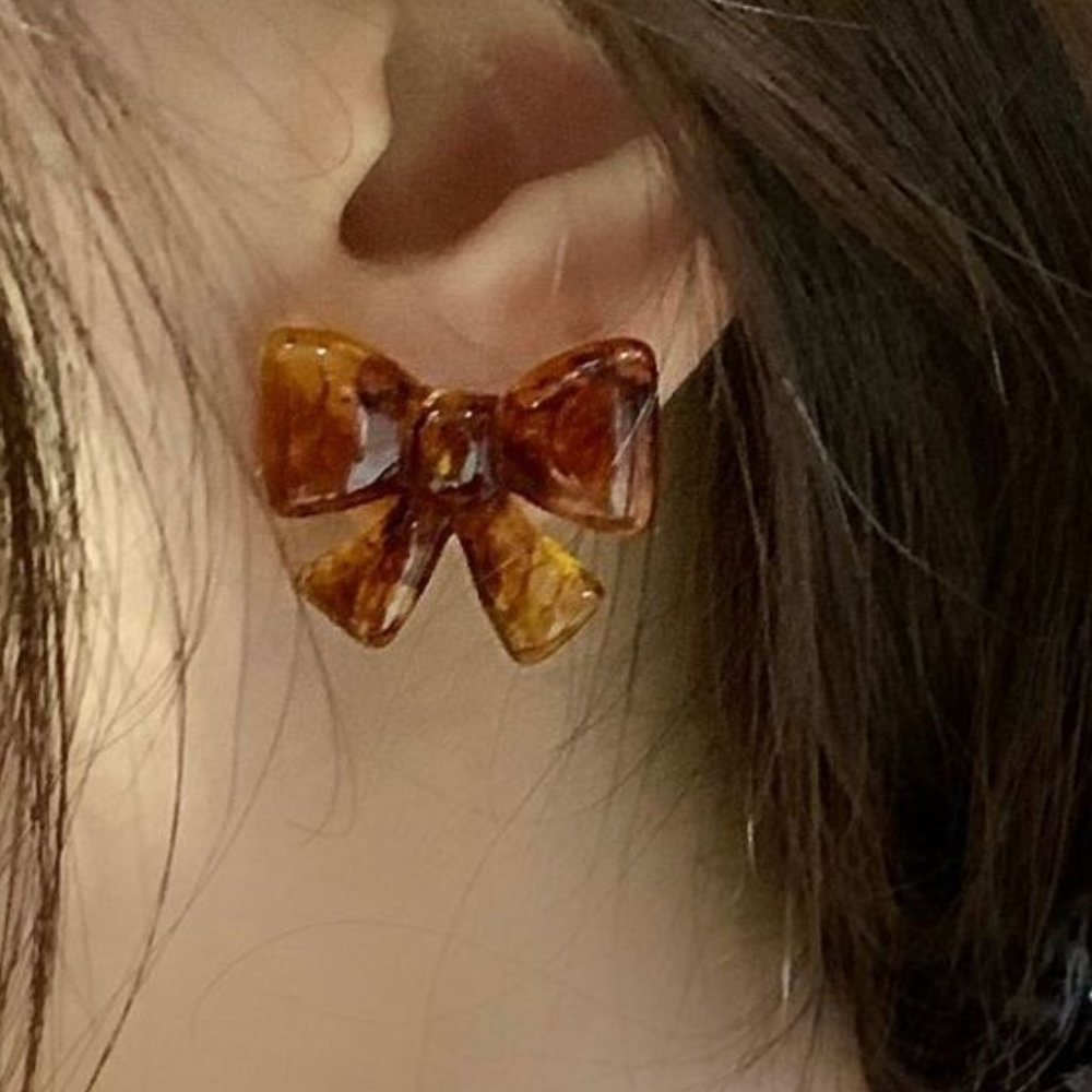 Boho Y2K Brown Mini Hair Bow Stud Earrings Acrylic Resin Marble Pattern
